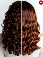 Split view comparison of long wavy and curly brunette hairstyles showing different styling techniques on dark brown hair with copper highlights.