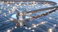 Medical stethoscope on digital healthcare blueprint with glowing network connections and bokeh lights, representing modern medicine and technology advancement.