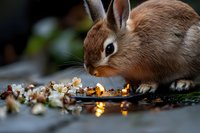 Brown rabbit sniffing scattered popcorn and fairy lights on dark surface, creating magical atmospheric scene with bokeh effect and warm glow in garden setting.