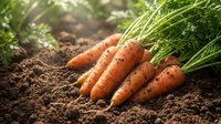Fresh organic carrots with green tops lying on rich dark soil in garden bed with natural sunlight filtering through creating warm agricultural harvest scene.