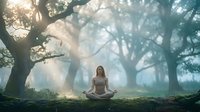 Young woman meditating in peaceful forest with sunbeams streaming through ancient trees creating serene atmosphere for mindfulness and spiritual wellness.