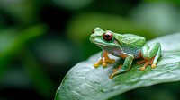Red-eyed tree frog perched on wet green leaf in tropical rainforest setting, macro photography shows detailed texture of amphibian skin and vibrant colors.