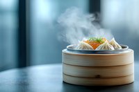 Steaming hot dumplings with red caviar in traditional bamboo steamer basket on dark table against blurred blue background. Asian cuisine concept.