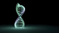 Double helix DNA strand with glowing green and blue light effects on dark background for scientific research and biotechnology concepts.