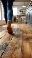 Person in blue jeans and brown boots walking on rustic wooden floor in cozy kitchen with natural light and minimalist decor.