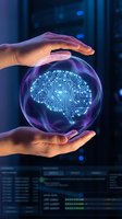 Hands protecting glowing digital brain sphere with circuit patterns representing AI technology, machine learning and data protection in futuristic tech environment.