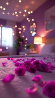 Romantic bedroom setting with scattered magenta roses on bed, soft bokeh lights overhead, warm lamp glow creating intimate atmosphere for Valentine's day or anniversary.