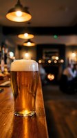 Fresh pint of golden beer with foam head on wooden bar counter in cozy pub with warm ambient lighting and blurred restaurant background.