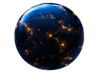 Planet Earth at night showing city lights across continents viewed from space, glowing urban areas against dark oceans and landmasses in spherical form.