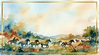 Herd of wild horses running freely across golden grassland with autumn foliage and distant mountains in watercolor style landscape painting.