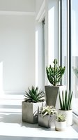 Modern minimalist interior with succulent plants in concrete planters by bright window creating peaceful home decor atmosphere.