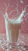 Dynamic splash of milk in tall glass creating crown-shaped liquid explosion against pink background, with droplets frozen in motion and rippling surface effects.