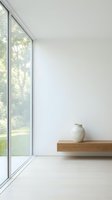 Minimalist interior with floor-to-ceiling glass doors opening to green garden, wooden shelf displaying ceramic vase against white wall, bright natural light, modern home design.