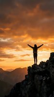Silhouette of person with raised arms celebrating success on mountain peak during dramatic orange sunset sky with clouds over mountain range landscape.