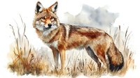 Red fox standing in autumn grass watercolor artwork, wildlife illustration with natural earth tones and detailed fur texture showing majestic predator in natural habitat.
