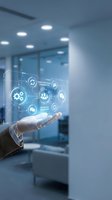 Businessman hand presenting holographic digital interface with connected icons in modern office environment for technology and innovation concepts.