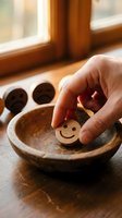 Hand selecting wooden smiley face token from rustic bowl near window, positive mindset and emotional wellness concept for mental health awareness.
