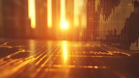 Golden financial data visualization with glowing light rays and stock market charts on reflective surface creating dramatic perspective and depth.