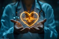Medical professional in scrubs holding glowing heart with pulse line, magical light particles creating ethereal atmosphere against dark background. For healthcare concepts.