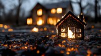Glowing miniature house with warm light shining through windows at dusk, creating magical bokeh effect against dark background. Cozy winter holiday atmosphere.