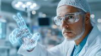 Middle-aged scientist in protective gear examining holographic DNA projection in modern laboratory setting. Futuristic medical research concept with blue tones.