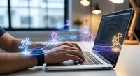 Professional developer coding on laptop with glowing digital icons representing connectivity, location services, and data flow in modern office workspace.
