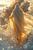 Mystical wizard figure in flowing golden robes holding magical staff walking through sparkling water at sunset with dramatic lighting and ethereal atmosphere.