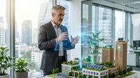 Middle-aged Caucasian male architect interacts with holographic city model featuring solar panels and green buildings in a modern office.