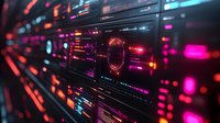 Futuristic digital interface with glowing neon lines and data visualization elements in pink and blue colors against dark background, showing technological advancement.