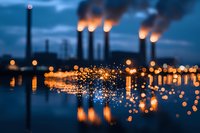 Industrial smokestacks emit glowing particles reflected in calm water at dusk, creating atmospheric bokeh effect with orange lights against moody blue sky.