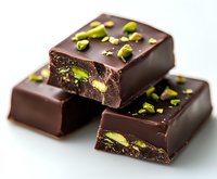 Dark chocolate squares filled with pistachios, cut to show rich ganache interior and topped with crushed green nuts on white background. Macro food photography.