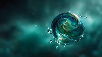 Cosmic water sphere with swirling turquoise and gold patterns floating in ethereal teal space, surrounded by water droplets and bokeh effects.