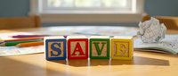 Colorful wooden alphabet blocks spelling SAVE on a wooden desk with pencils and books, promoting financial literacy and savings concepts for children.
