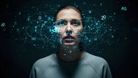 Young Caucasian man with digital data overlay and holographic interface elements surrounding face representing artificial intelligence and futuristic technology.
