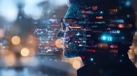 Digital profile with data visualization elements and glowing code overlay on dark background with bokeh lights, representing artificial intelligence technology.