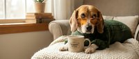 Adorable beagle dog wearing cozy green sweater relaxing on sofa with coffee mug in warm living room interior for pet lifestyle and comfort concepts.