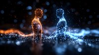 Glowing silhouettes of two people formed by particles, one in warm orange and one in cool blue, standing on reflective surface against dark background.