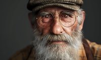 Senior Caucasian man with long white beard wearing vintage flat cap and round glasses looking at camera with gentle smile against dark background.