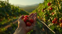 Hand holding fresh picked ripe cherry tomatoes against sunlit garden background with tomato plants and warm evening light, organic farming harvest moment.