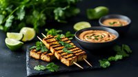 Grilled tofu skewers with peanut dipping sauce, fresh herbs, and lime wedges on dark background. Perfect for vegetarian appetizers or main dishes.