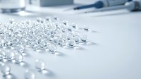 Clear glass beads scattered on white surface with blurred laboratory equipment in background, suitable for science, research, chemistry, and industrial applications.