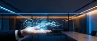 Businessman holding glowing digital hologram with gears and technology symbols, representing innovation, automation, and future business solutions for corporate presentations.