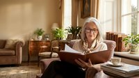 Senior Caucasian woman with glasses reading book in cozy living room with plants and warm natural lighting for lifestyle content.