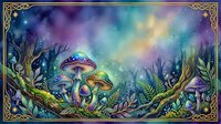 Enchanted forest scene with glowing mushrooms, magical plants, and starry night sky in vibrant watercolor style. Perfect for fantasy art, book illustrations, and mystical designs.