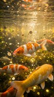 Colorful koi fish swimming underwater with golden sunlight filtering through water surface creating magical bubbles and light reflections in pond.
