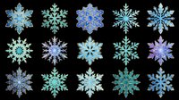 Snowflake collection featuring fifteen unique frozen crystal designs in shades of blue, turquoise, purple, and teal, isolated on transparent background and ready for winter crafts, t-shirt designs, stickers, sublimation, and print-on-demand projects.