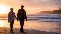 Senior couple walking hand in hand on beach at sunset, romantic golden hour moment by ocean waves, elderly man and woman enjoying peaceful evening stroll together.