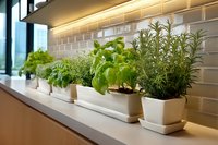 Fresh culinary herbs growing in white pots on kitchen windowsill with subway tile backsplash and under-cabinet lighting.