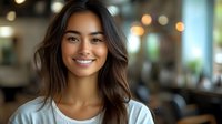 Young Asian woman with natural makeup and wavy brown hair smiling warmly at camera in casual white top. Soft bokeh background creates professional business portrait atmosphere.