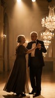 Elegant senior couple dancing in formal attire under crystal chandelier in luxurious ballroom with warm golden lighting, perfect for events, celebrations, and lifestyle content.